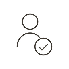 Person with check mark verification tick. Vector thin line icon for concepts of user profile accepted, authorized, account verification, job search, hiring