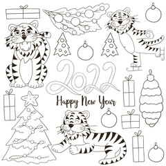 Symbol of 2022. Set of tigers and new year elements in hand draw style
