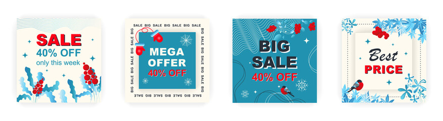 Modern winter square sale poster for Merry Christmas templates. Suitable for social media posts, poster, mobile apps, banners design and web ads, vector backgrounds, promotion materials.