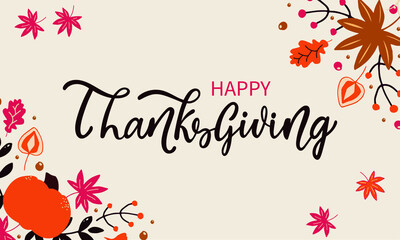 Happy Thanksgiving handwritten text. Modern brush calligraphy. Hand lettering. Vector illustration of autumn leaves isolated on white background. Greeting holiday design for card, banner template