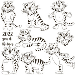 Set of tigers in hand draw style. Symbol of 2022. Collection Coloring illustrations