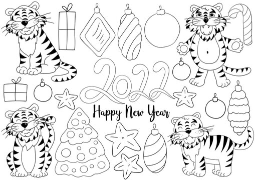 Symbol of 2022. Set of tigers and new year elements in hand draw style