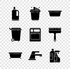 Set Fabric softener, Bucket with soap suds, Plastic basin, Bathtub, Water tap, Bottles for cleaning agent, Trash can and Kitchen dishwasher machine icon. Vector