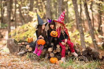 three little girls in witch costumes laugh, conjure, walk through the autumn forest with baskets for sweets in the shape of pumpkins. halloween concept, lifestyle . High quality photo