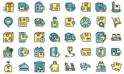 Fast shipping icons set outline vector. Car business. Cargo courier