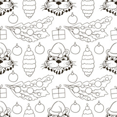 Coloring Seamless vector pattern with tigers faces. Pattern in hand draw style. New Year's holidays 2022