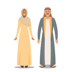 Arabic Couple Man and Woman, Saudi People Isolated on White Background. Bearded Arabian Male Character and Girl