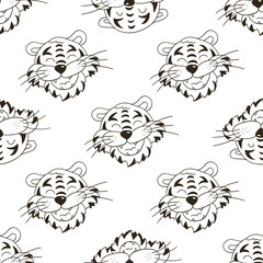 Coloring Seamless vector pattern with tigers faces. Pattern in hand draw style. New Year's holidays 2022