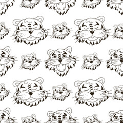 Coloring Seamless vector pattern with tigers faces. Pattern in hand draw style. New Year's holidays 2022