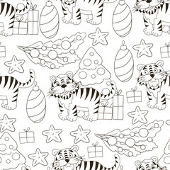 Seamless vector pattern for year of the tiger 2022. Coloring Pattern in hand draw style