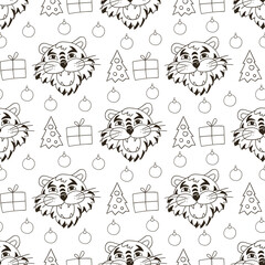 Coloring Seamless vector pattern with tigers faces. Pattern in hand draw style. New Year's holidays 2022