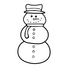 Vector cartoon snowman. Doodle style. Drawing cute snowman in hat and scarf. New Year, Christmas, holidays, winter activities.