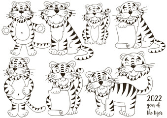 Set of tigers in hand draw style. Symbol of 2022. Collection Coloring illustrations