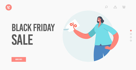 Black Friday Sale Landing Page Template. Happy Girl with Percent Sign. Shopping Discount, Women Buying Recreation