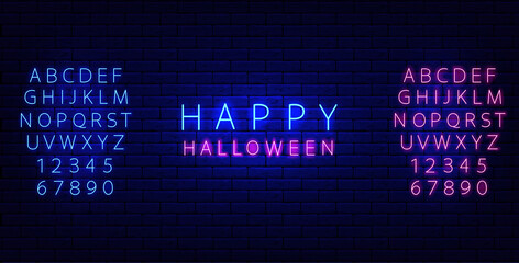 Happy Halloween neon alphabet. Scary inscription. Holiday banner. Isolated vector stock illustration