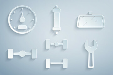 Set Chassis car, Car mirror, Wrench spanner, Shock absorber and Speedometer icon. Vector