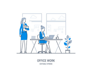 Office workers talking and working. Office life interior concept. Vector line-art graphic design.