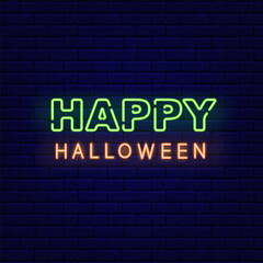 Happy Halloween neon greeting card. Night bright signboard. Isolated vector stock illustration