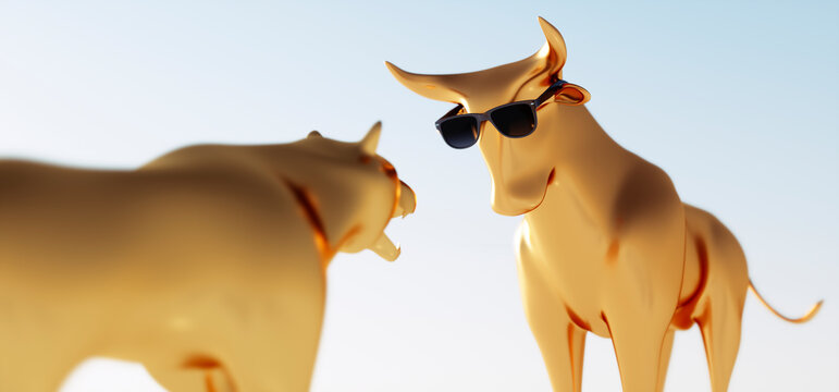 Golden Bull  with sunglasses and bear - 3Dillustration