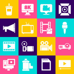 Set Online play video, Media projector, Microphone, Camera and location, Retro tv, Megaphone, Paper glass with water and Play Video icon. Vector