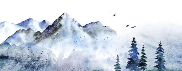 Hand painted watercolor landscape with mountains and spruce trees. Isolated on white background