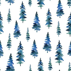 Seamless pattern with watercolor spruce trees. Design for Christmas wrapping paper, greeting cards and package. - 456605161