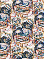 Seamless pattern with curved people painted with watercolor. An ornament of twisted human bodies. Design for a book cover or textile