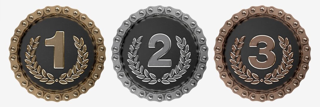 Three medal made with bicycle chains. Gold, silver and bronze white background. 
