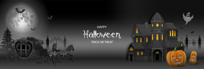 Halloween banner with haunted house, pumpkins and old carriage with horses