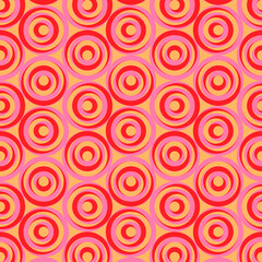 Red and pink circles on orange color background. Brick tile geometric vector pattern. 70-s fashion style artwork can be used for fabrics, wallpapers, diaries, wrapping, flyers, posters and decoration.
