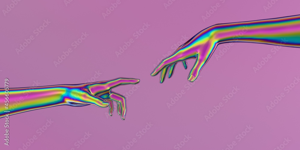 Poster Modern 3d illustration with two artificial hands about to touch each other, reminiscent of the scene of Adam's creation.