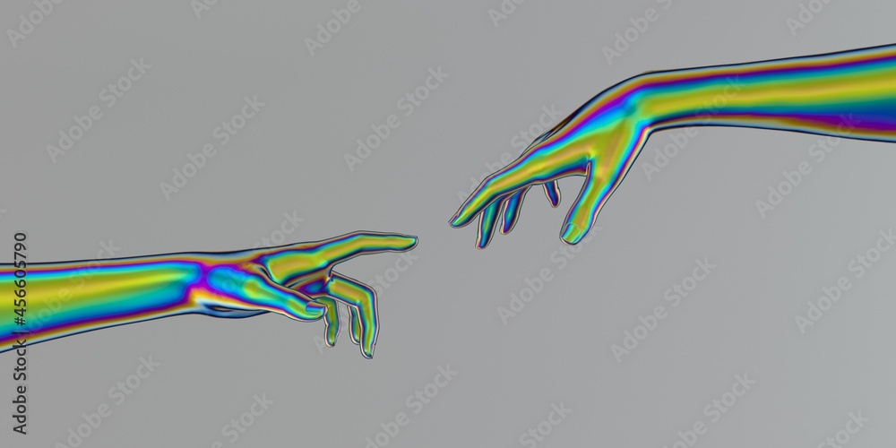 Poster Modern 3d illustration with two artificial hands about to touch each other, reminiscent of the scene of Adam's creation.