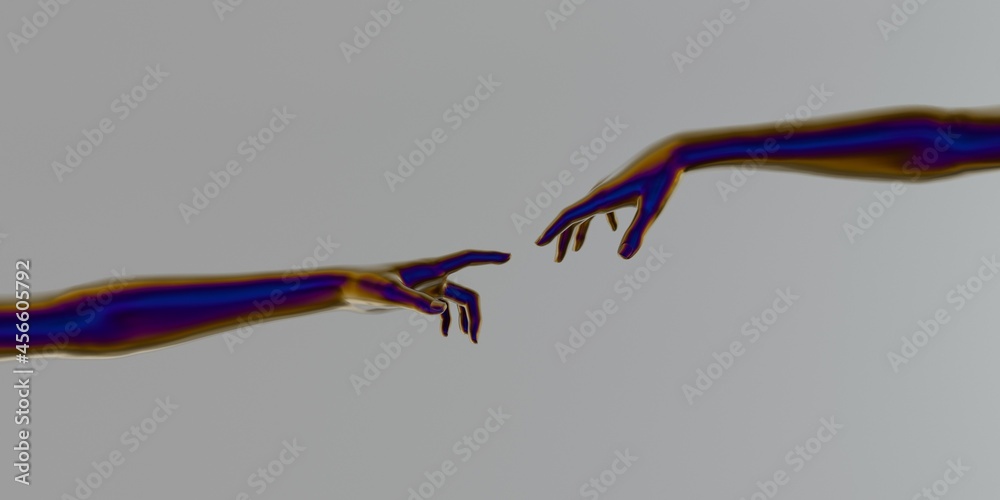 Poster Modern 3d illustration with two artificial hands about to touch each other, reminiscent of the scene of Adam's creation.