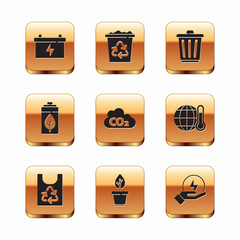 Set Car battery, Plastic bag with recycle, Plant in pot, CO2 emissions cloud, Eco nature leaf and, Trash can, Lightning bolt and Recycle bin icon. Vector