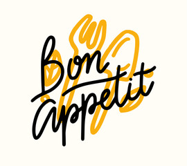 Bon Appetit Lettering, Food Poster with Doodle Fork and Spoon. Graphic Design Element, Print for Menu, Cafe Decoration - obrazy, fototapety, plakaty