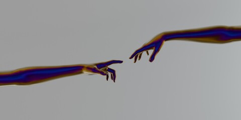 Modern 3d illustration with two artificial hands about to touch each other, reminiscent of the scene of Adam's creation.