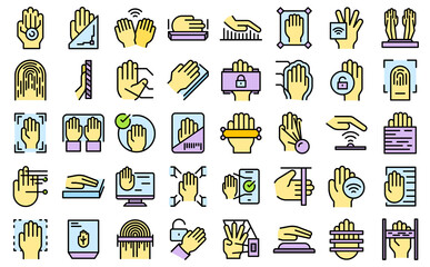 Palm scanning icons set outline vector. Biometric signature. Social palm scanning
