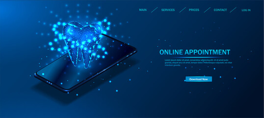 Abstract low-poly shiny bright tooth illustration. Dental care, dental clinic, dental medicine concept Medical healthy human tooth 3d. The model of medicine is low-poly. Vector illustration