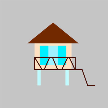 recommend clip art: Water bungalow on stilt flat icon. Maldivian house. Exotic vacation. Tropical resort. Isolated vector illustration