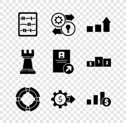 Set Abacus, Human resources, Financial growth, Business lifebuoy, Gear with dollar, Pie chart and, Chess and Job promotion icon. Vector