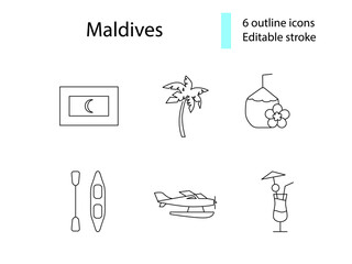 Maldives attractions outline icons set. Coconut drink and seaplane. Editable stroke. Isolated vector illustration