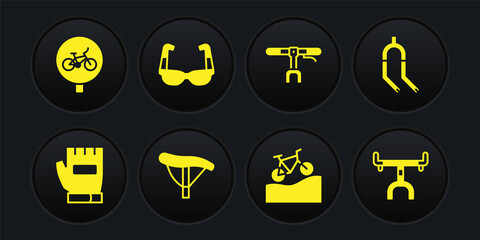Set Gloves, Bicycle fork, seat, Mountain bicycle, handlebar, Sport cycling sunglasses, and icon. Vector