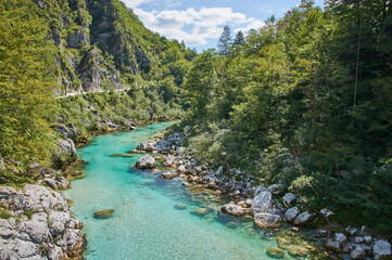 Scenic view of the beautiful river Soca in Slovenia.