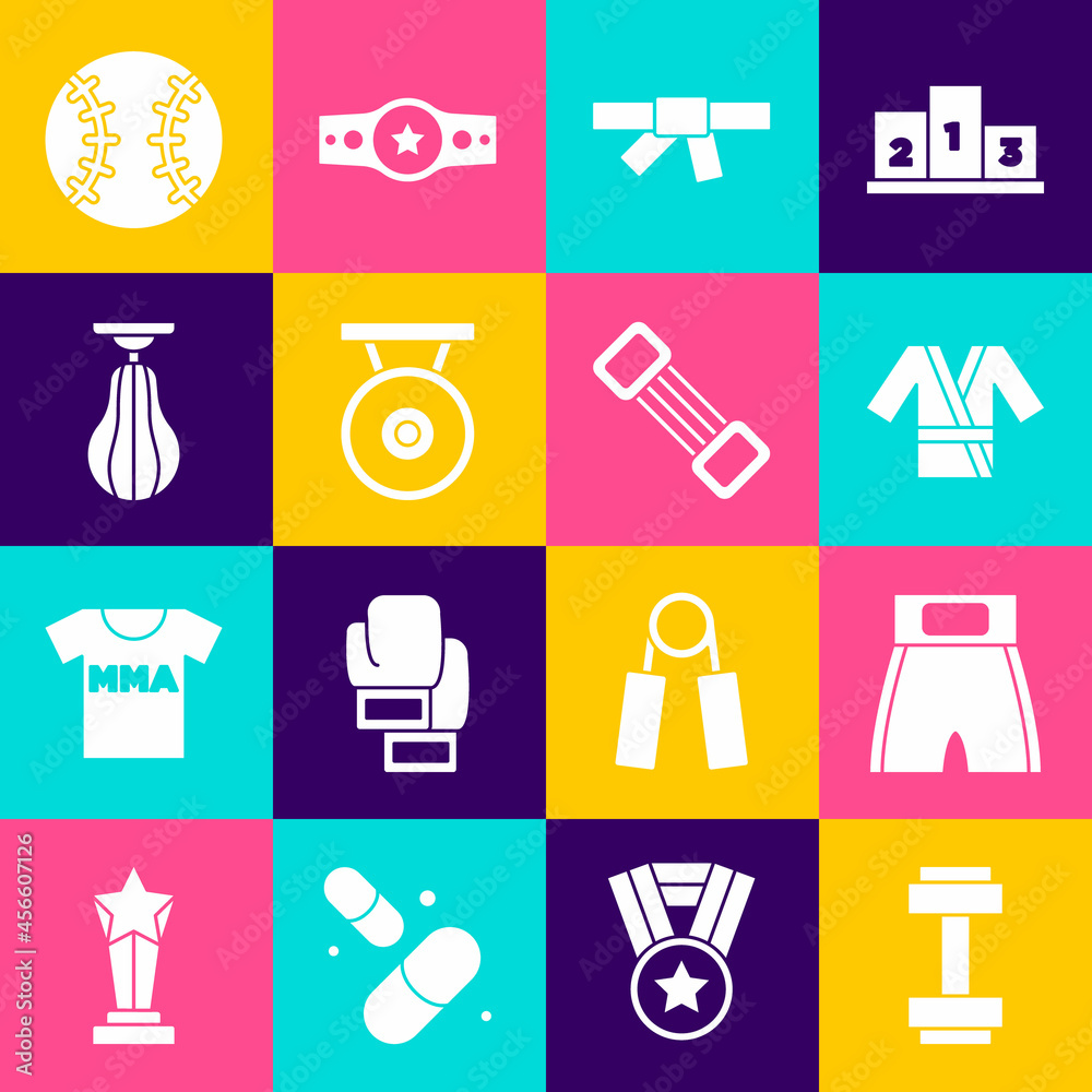 Sticker Set Dumbbell, Boxing short, Japanese costume Kimono, Black karate belt, Gong, Punching bag, Baseball ball and Chest expander icon. Vector