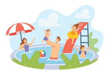 Obraz na płótnie Canvas Happy Family Characters Having Rest in Swimming Pool. Mother, Father and Children Swim and Enjoy Recreation at Hotel
