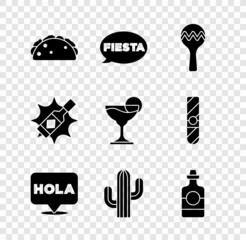Set Taco with tortilla, Fiesta, Maracas, Hola, Cactus, Tequila bottle, Tabasco sauce and Margarita cocktail icon. Vector © vector_v