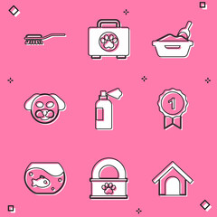 Set Hair brush for dog and cat, Pet first aid kit, Cat litter tray with shovel, Dog, shampoo, award symbol, Aquarium fish and Canned food icon. Vector