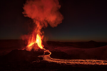 Fagradalsfjall volcanic eruption in the night before sunrise in Reykjanes peninsula around 40 kilometres from Reykjavik, Iceland