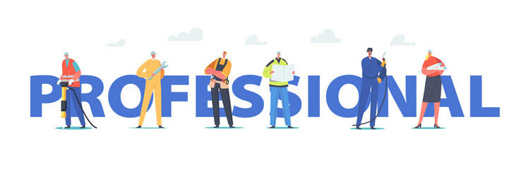 Professional Industrial Workers Team Concept. Characters Builder, Engineer or Foreman with Tools and Architect