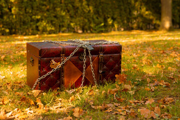 treasure chest quest purpose in fairy autumn forest outdoor place fable concept photo